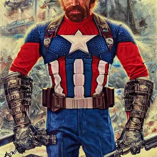 Prompt: uhd photorealistic detailed image of chuck norris dressed as captain america, wearing extremely intricate costume, by ayami kojima amano karol bak tonalism