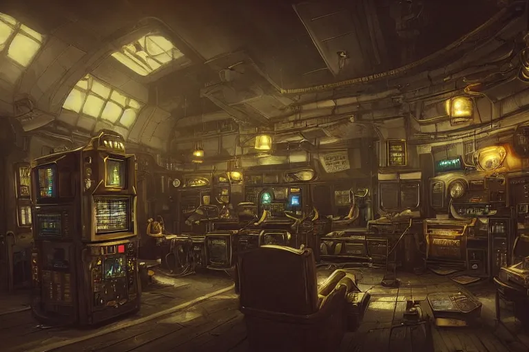 Image similar to interior of a steampunk videoclub, 3d scene, render, ultra realistic, zenith view, Greg Rutkowski, artstation, cgsociety, level design, unreal engine, 3d scene, render, ultra realistic, zenith view, Enki Bilal style