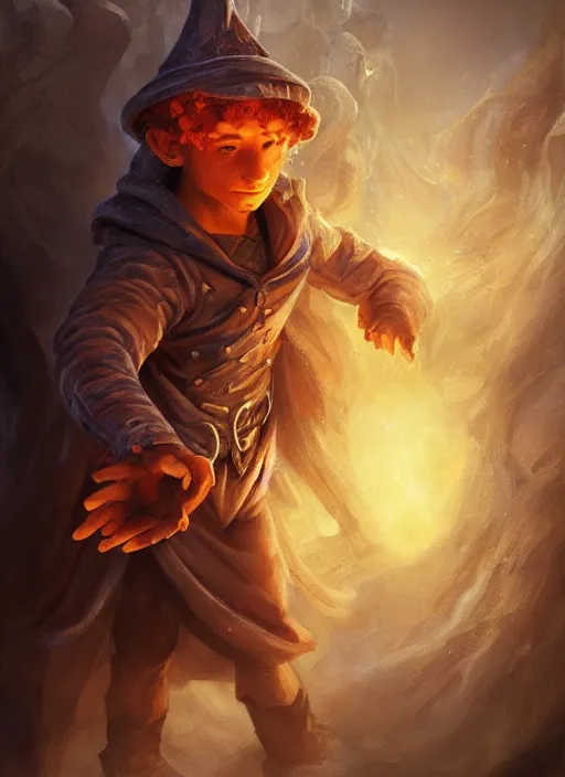 Image similar to Fifteen year old teenage hobbit wizard, short brown hair, pimples, mage hat, Orange Magic energy swirling body, Ivan Aivakovsky, Boris Vallejo, epic fantasy character art, D&D Concept Art, full length, Realistic, Regal, Refined, Detailed Digital Art, Oil Paining, Exquisite detail, post-processing, masterpiece, Cinematic Lighting, Unreal Engine, 8k, HD