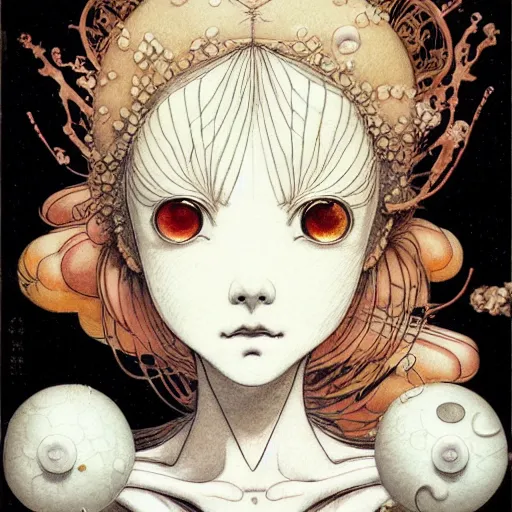 Image similar to prompt: Fragile looking vessle portrait face drawn by Katsuhiro Otomo, inspired by Carlo Dolci, magical and alchemical objects on the side, soft light, white background, intricate detail, intricate ink painting detail, sharp high detail, manga and anime 2000