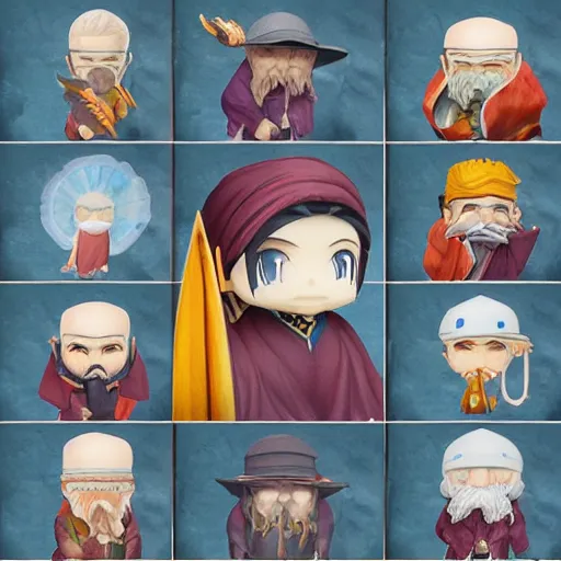 Image similar to water color painting of face detailing wizard in the style of matte painting nendoroid and chibi, eyes in the style of nendoroid, middle close up, Julian ope, flat shading, 2D illustration, Swiss modernizm, ukiyoe style, pixer, no shading, no gradient, no shadow