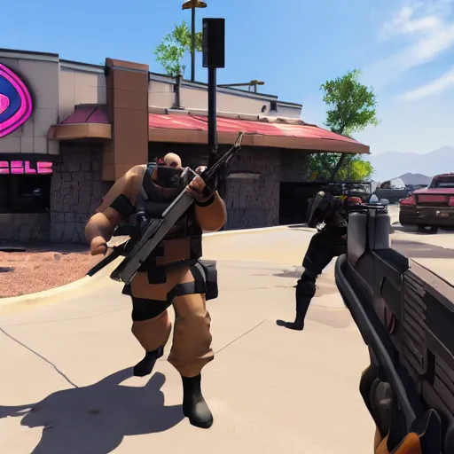 Image similar to heavy weapons guy from tf 2, in line at taco bell