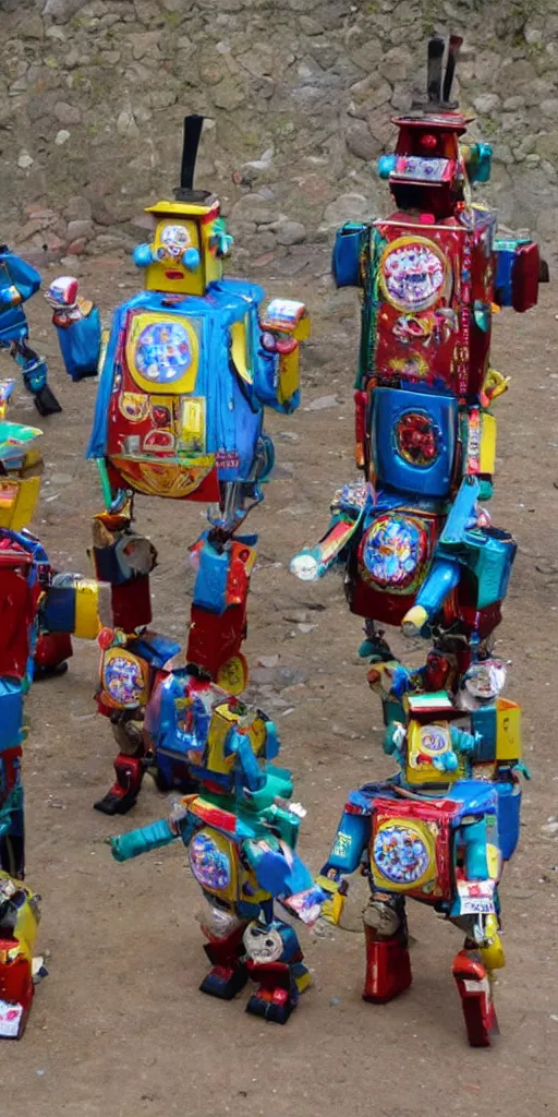 Image similar to extremely happy dancing andean robots