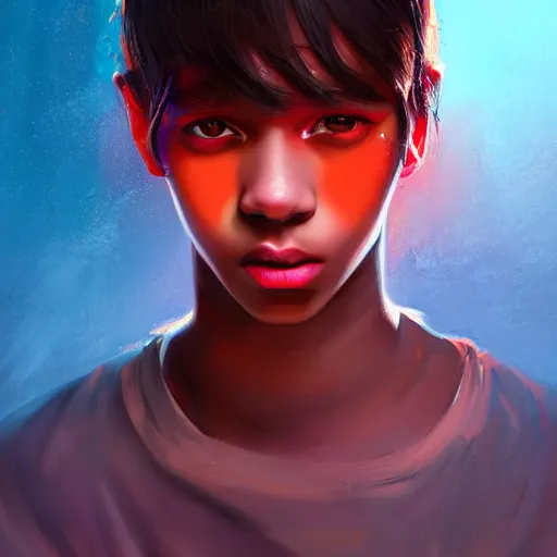 Image similar to colorful and festive captivating teenager with straight brown hair covering his eye, dark skin, big lips, big eyes, wearing a red t - shirt. rich vivid colors, ambient lighting, dynamic lighting, 4 k, atmospheric lighting, painted, intricate, highly detailed by charlie bowater