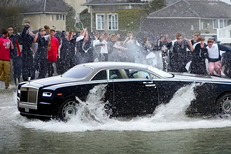 Image similar to Group of teenagers push Rolls-Royce into lake