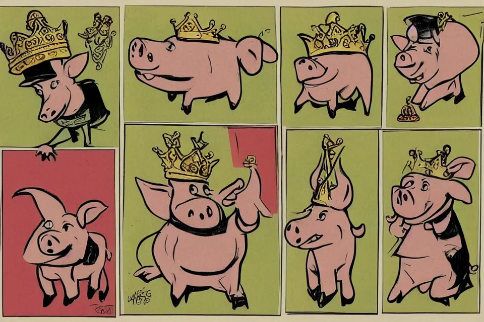 Image similar to concept sketches of a pig wearing a gold crown by jamie hewlett, in the style of 1930s cartoons