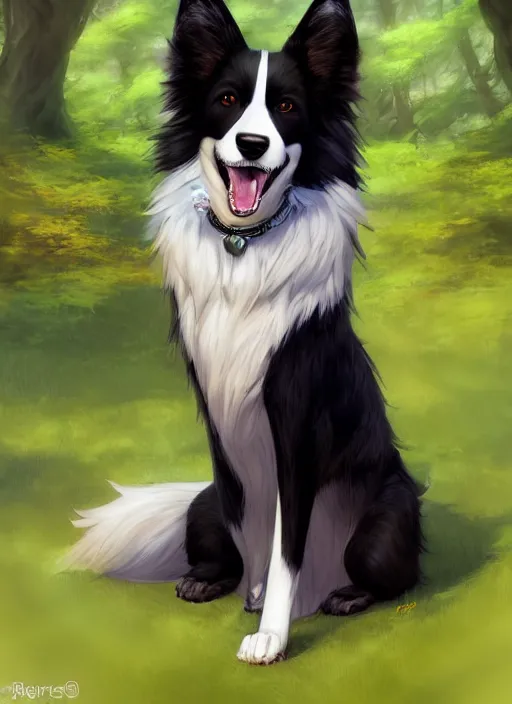 Image similar to wide angle beautiful full body portrait of a cute male anthropomorphic border collie fursona wearing a t - shirt and posing in front of a park, character design by charlie bowater, henry asencio, and ross tran, furry art, furaffinity, scenic background, beautiful, glamor pose, detailed, trending on artstation