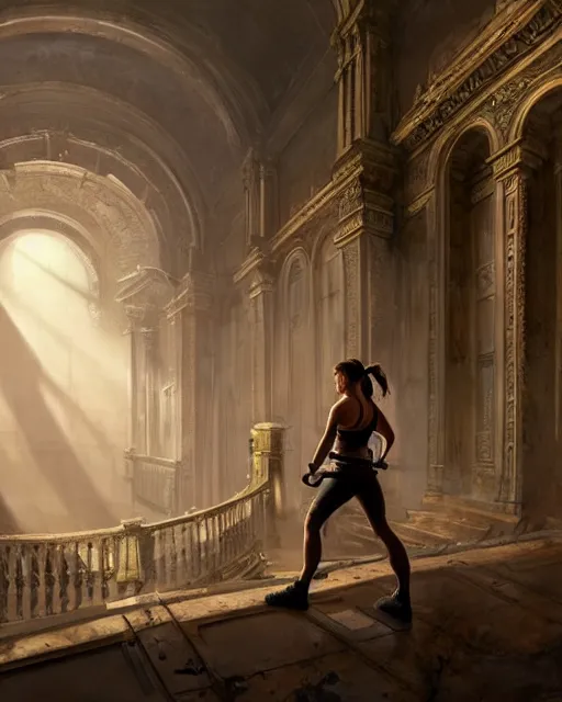 Image similar to lara croft exploring an italian opera house as she hides from numerous musclebound male goons patrolling the area, by wlop, greg rutkowski and peter mohrbacher, extremely detailed shading, concept art, digital painting, trending on artstation, unreal engine 5, octane render, atmosphere, lens flare, glow, cinematic lighting, full of color