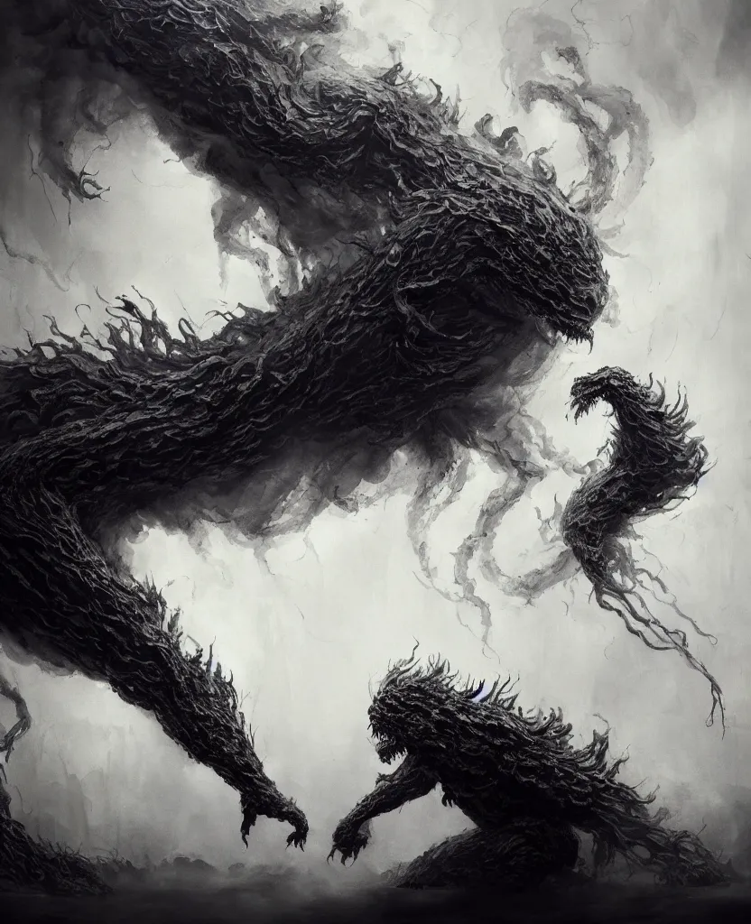 Image similar to a painting of a giant smoke monster fighting a young man, dark colors, sinister atmosphere, dramatic lighting, cinematic, establishing shot, extremely high detail, photo realistic, cinematic lighting, pen and ink, intricate line drawings, by Yoshitaka Amano, Ruan Jia, Kentaro Miura, Artgerm, post processed, concept art, artstation, matte painting, style by eddie mendoza, raphael lacoste, alex ross,