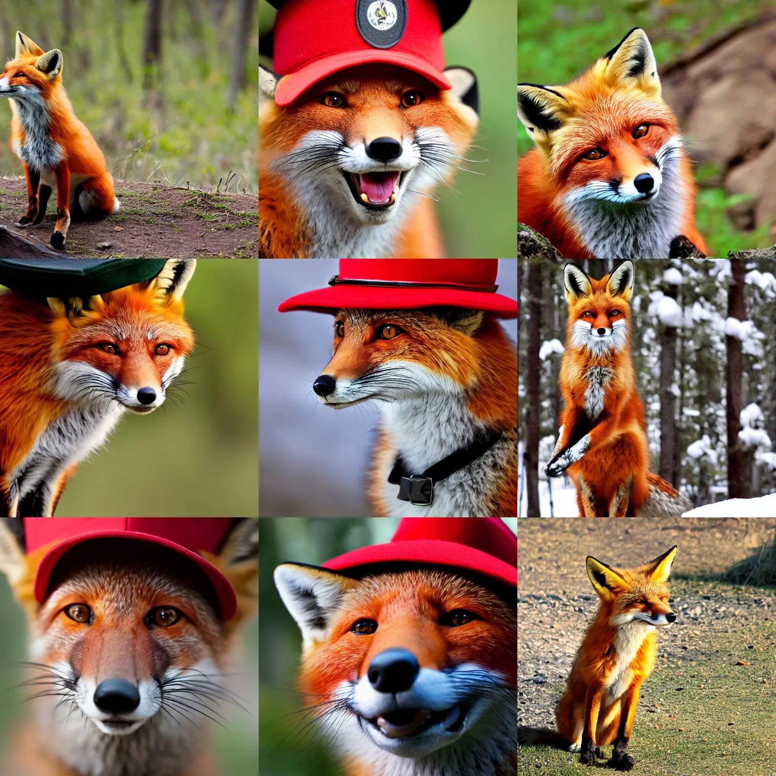 Prompt: award - winning photograph of an anthropomorphic red fox wearing a park ranger hat, hd