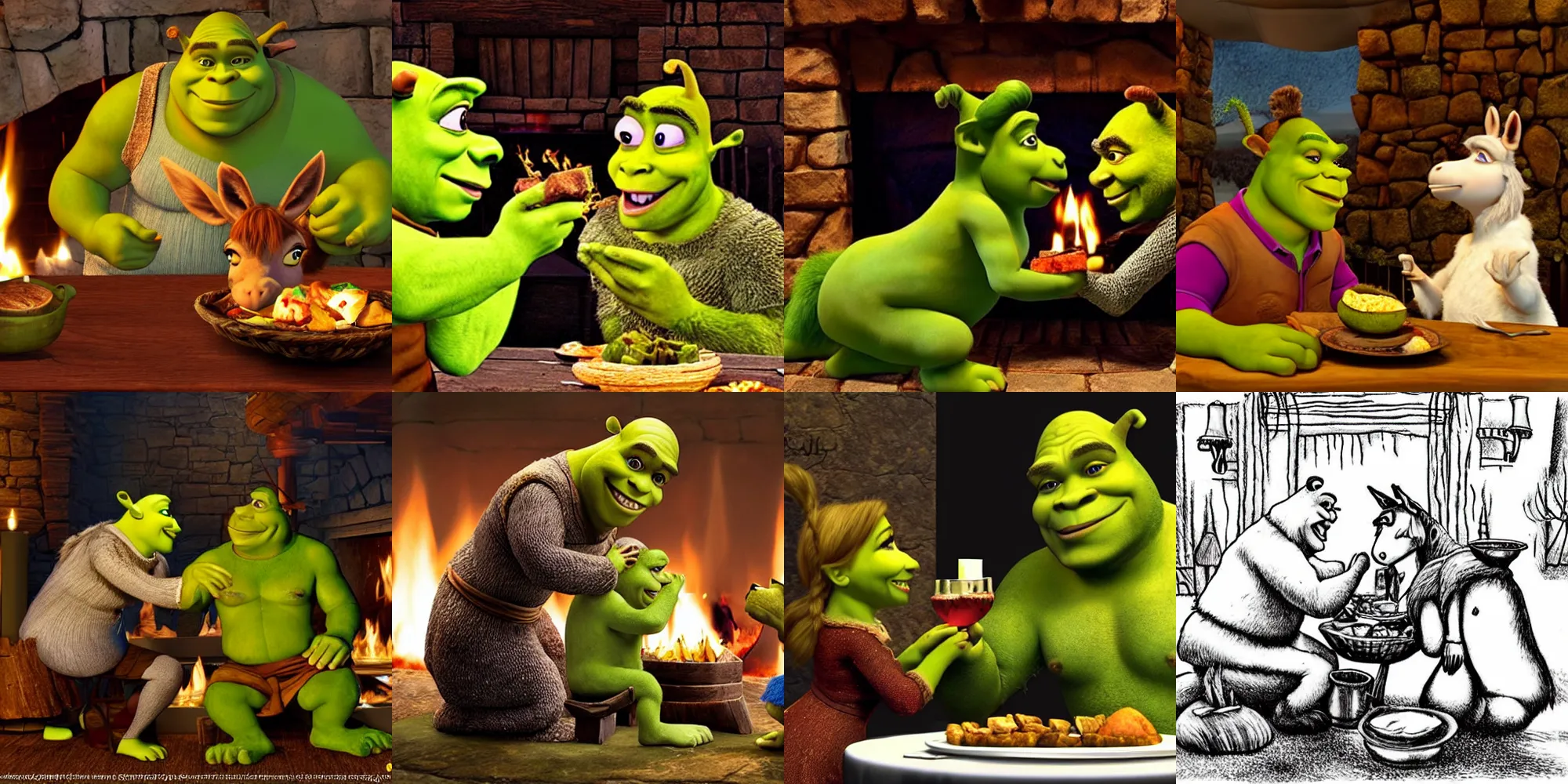 Prompt: shrek and donkey romantic dinner by the fireplace