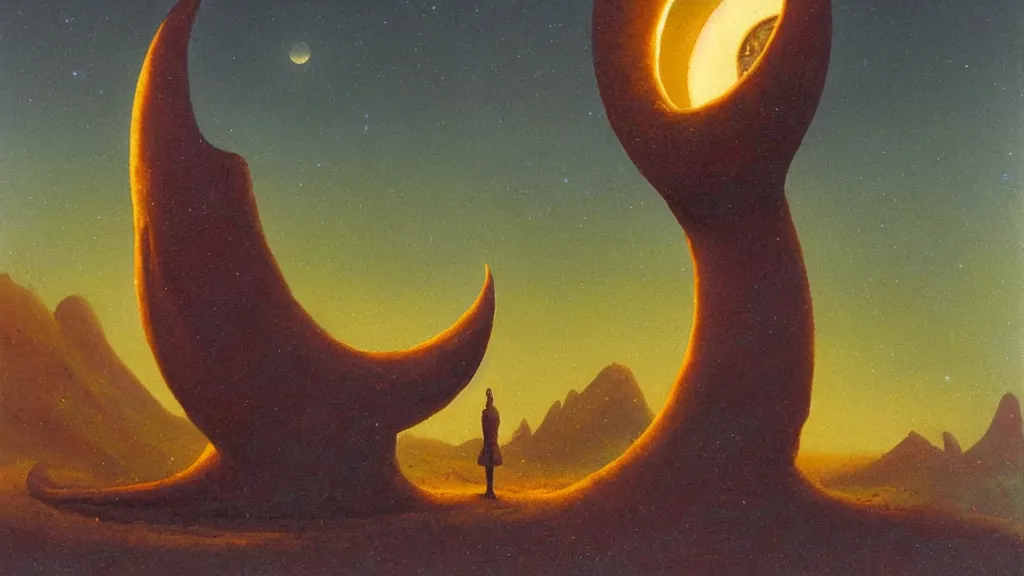 Image similar to mysterious whimsical sculpture of an alien crescent moon by paul lehr and john schoenherr, cinematic matte painting