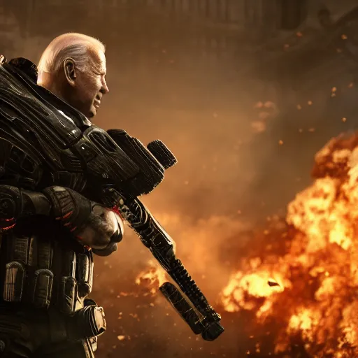 Image similar to joe biden with flamethrower in gears of war, splash art, movie still, cinematic lighting, ray tracing, octane render, long lens, shallow depth of field, bokeh, anamorphic lens flare, 8 k, hyper detailed, 3 5 mm film grain