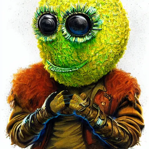 Prompt: a tennis ball monster wearing a balaclava and golden necklace , digital art, fantasy, magic, trending on artstation, ultra detailed, professional illustration by Basil Gogos