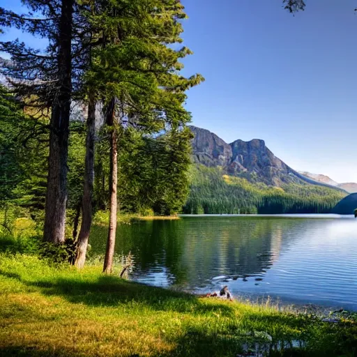 Prompt: Cottage next to a lake in a forest with Mountains in the background