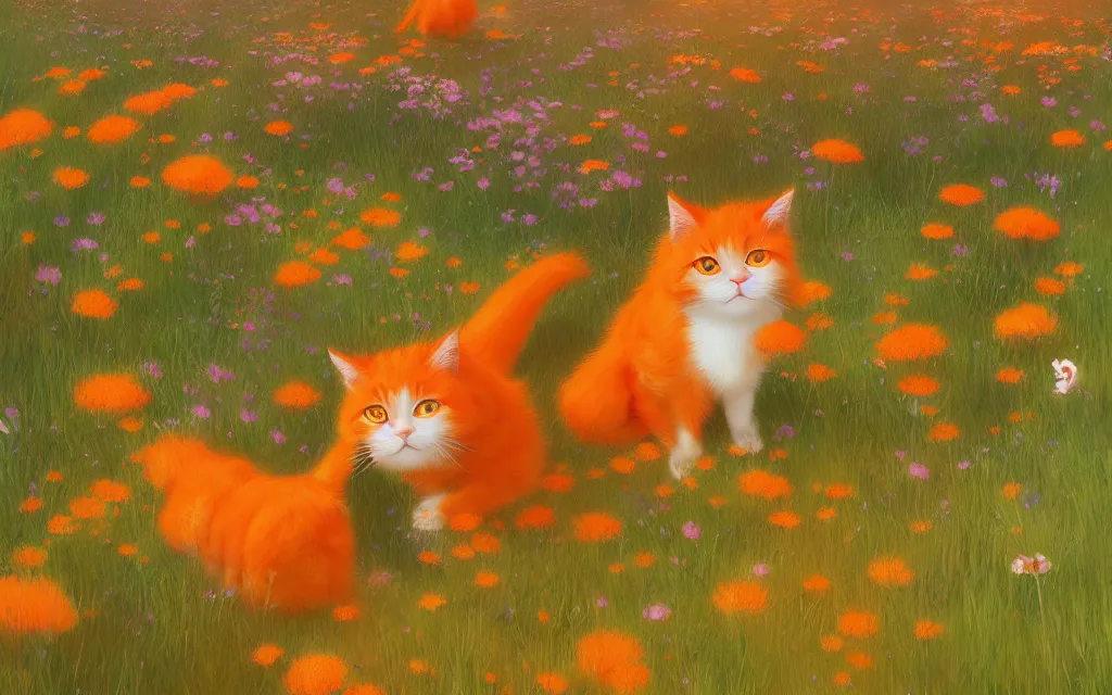 Image similar to cute orange cats in a field of flowers, digital illustration, by makoto shinkai and ruan jia