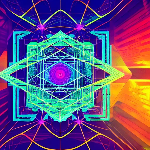 Image similar to matte painting of the sacred geometry of cyberpunk, brilliant colors, extremely detailed, very very detailed, in the style of alena aenami by Alex grey, HD, 4k, 8k