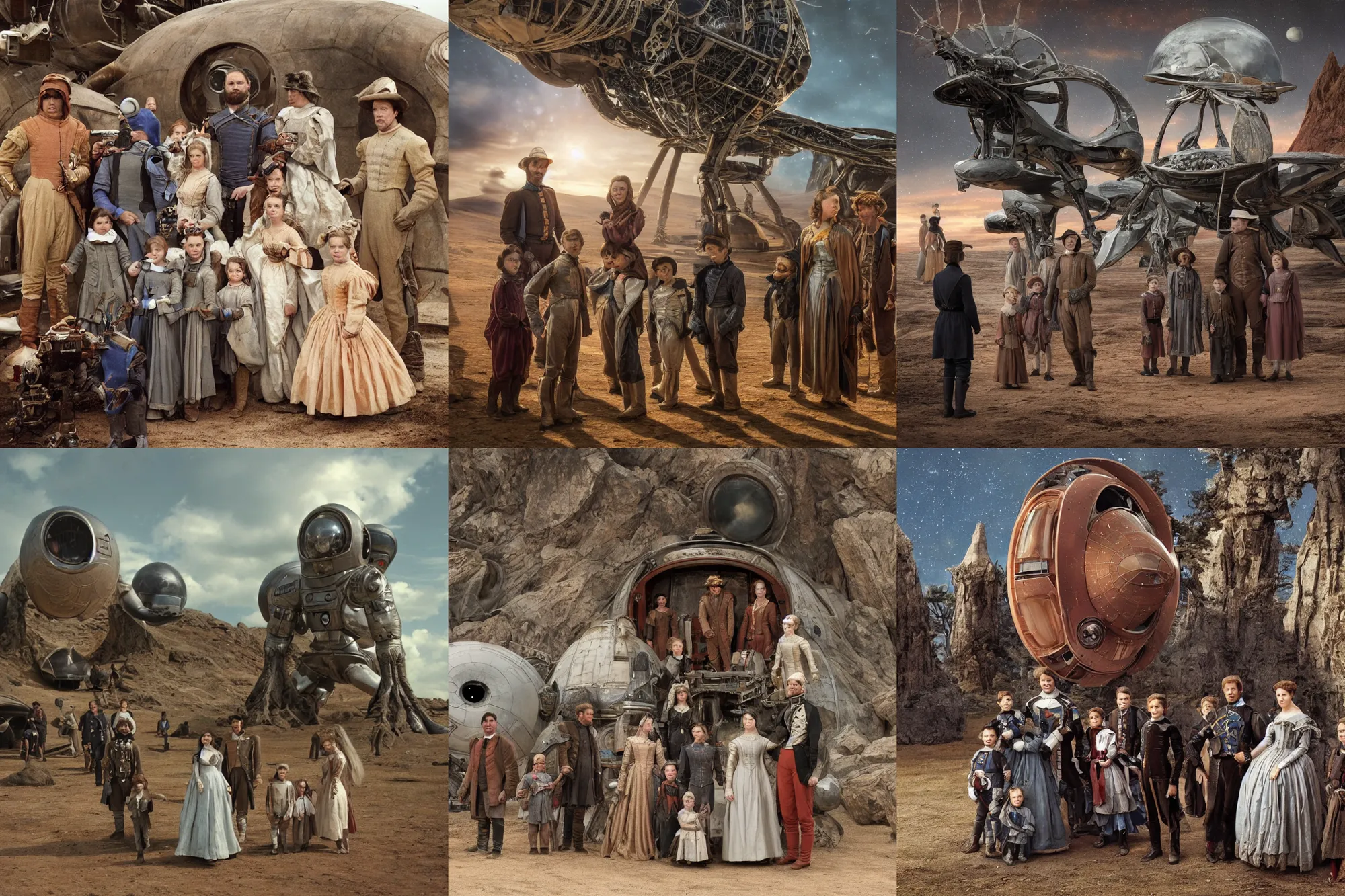 Prompt: highly detailed, 16024777216k film still from a sci fi blockbuster color movie made in 2019, set in 1860, of a family standing in front of a spaceship that has just landed on an alien planet, a humanoid alien creature stands nearby, the family are all wearing 1860s era clothes, in focus, good lighting, good photography, ultra high definition