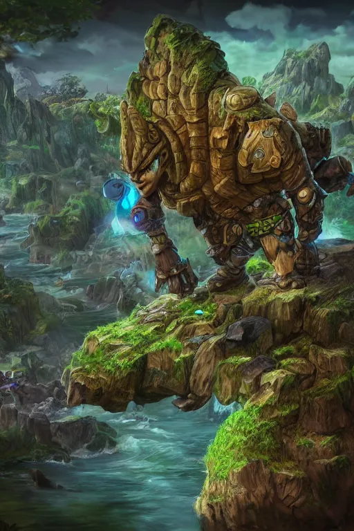 Image similar to zelda fantasy art giant golem troll wood rock greeble gemstone, global illumination ray tracing hdr fanart arstation by sung choi and eric pfeiffer and gabriel garza and casper konefal