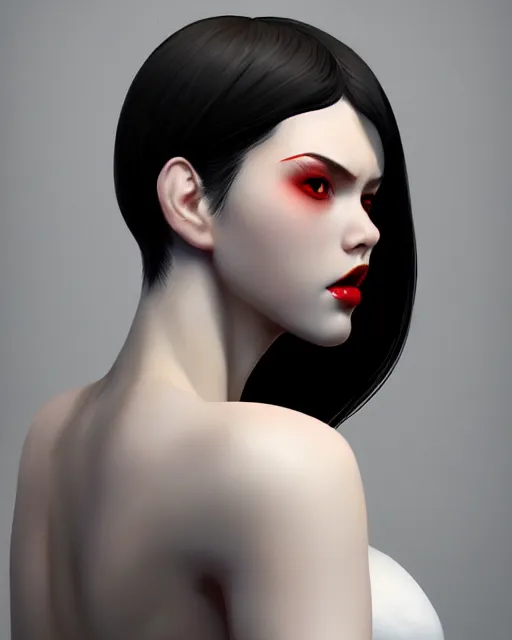 Prompt: side view of torso of pale skin beauty, scandinavian, finnish, black hair, red lips, paint by ilya kuvshinov and ross tran and karol bak and stanley lau and anna dittmann and artgerm and xiaoguang sun and tian zi