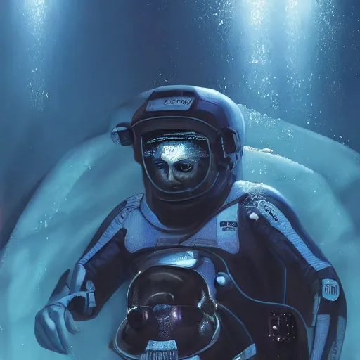 Image similar to concept art by david cronenberg in the dark underwater diver astronaut underwater futuristic dark and empty spaceship. complex technical suit design. reflection material. rays and dispersion of light breaking through the deep water. trend artstation, 3 5 mm, f / 3 2