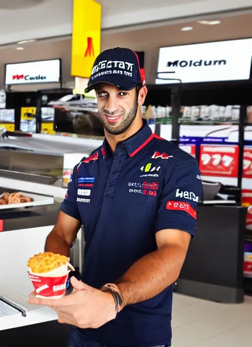 Image similar to photo of f 1 driver, daniel ricciardo, working as a cashier at mcdonalds