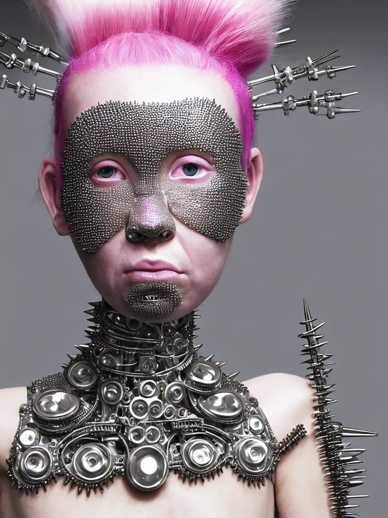 Image similar to portrait of a biomechanical goddess wearing a steel spikes studded iridescent beauty mask and pink hair buns, wearing a black bodysuit by alexander mcqueen, cream white background, soft diffused light, biotechnology, humanoid robot, perfectly symmetric, bjork aesthetic, translucent, by rineke dijkstra, intricate details, highly detailed, masterpiece,