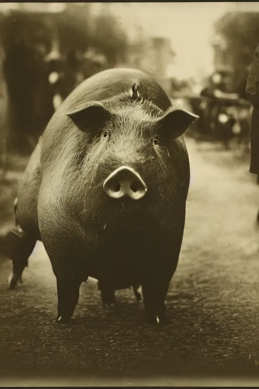 Image similar to a wet plate photo of huge dark pig in a parade