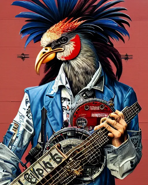 Image similar to a portrait of an anthropomorphic cyberpunk rooster shredding a banjo by sandra chevrier, by jon foster, detailed render, tape deck, epic composition, cybernetics, 4 k realistic, cryengine, realistic shaded lighting, sharp focus, masterpiece, by enki bilal