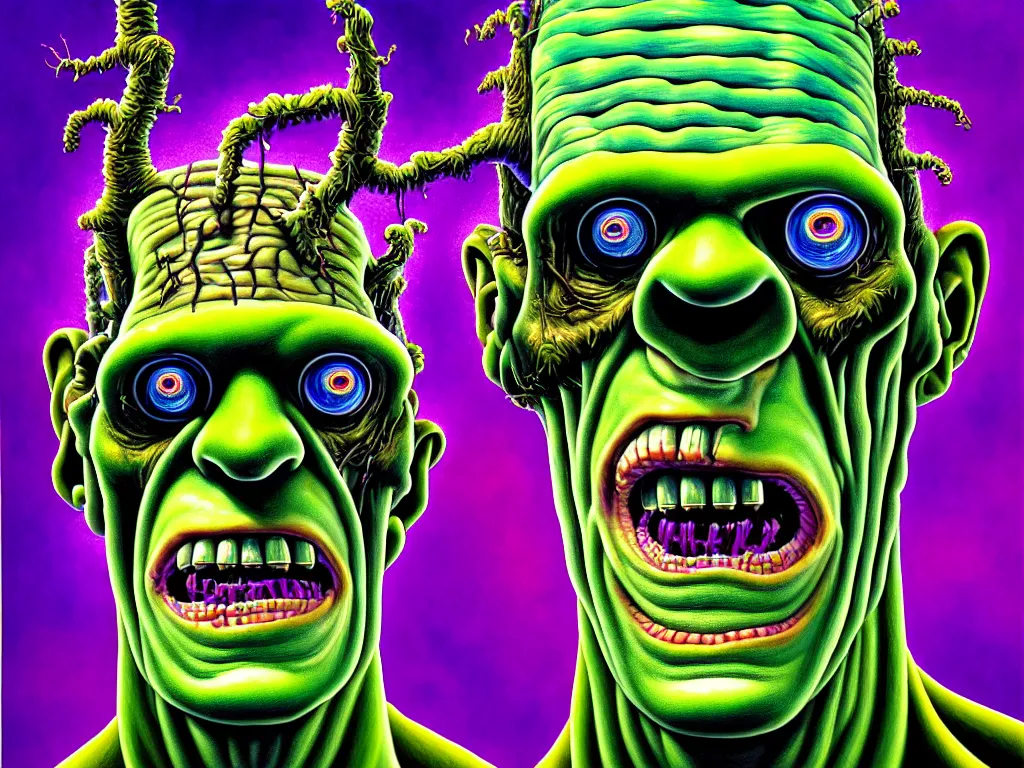 Image similar to a hyperrealistic painting of frankenstein monster head, radial symmetry, depth of field, lightning, cinematic cartoon horror by basil wolverton, lisa frank, joe coleman, kris kuksi, highly detailed, vivid color,