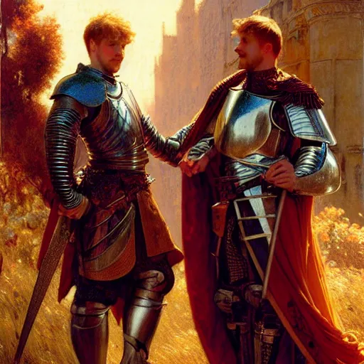 Image similar to attractive arthur pendragon and his attractive male knight, they are in love, natural lighting, path traced, highly detailed, high quality, digital painting, by gaston bussiere, craig mullins, alphonse mucha j. c. leyendecker