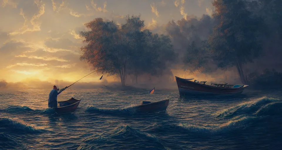 Prompt: a beautiful painting of bill murry fishing, gigantic, octane render, brilliantly coloured, intricate, ultra wide angle, trending on artstation, dusk, volumetric lighting, polished, micro details, ray tracing, 8k