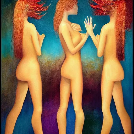 Image similar to The performance art is a beautiful work of art. The three graces are depicted as beautiful young women, each with their own unique charms. The performance art is full of color and life, and the women seem to radiate happiness and joy. by Chris Moore haunting