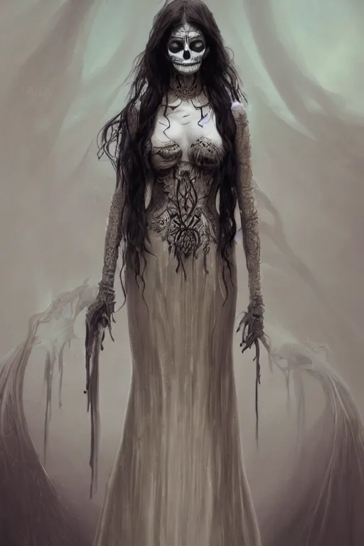 Image similar to ultra realist and ultra intricate detailed character concept art of a beautiful slim but curvy muerte girl in a long dress, thin lustrous hair, symmetry features, sensual gloomy style, soft painting, volumetric light and fog, fantasy background, artstation, Tom Bagshaw artstyle, unreal render