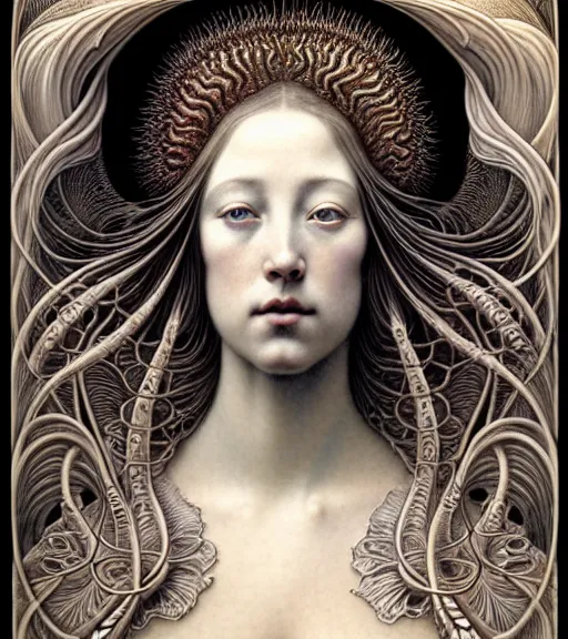 Image similar to beautiful young orchid queen detailed realistic porcelain face portrait by jean delville, gustave dore, iris van herpen and marco mazzoni, art forms of nature by ernst haeckel, art nouveau, symbolist, visionary, gothic, neo - gothic, pre - raphaelite, fractal lace, intricate alien botanical biodiversity, surreality, hyperdetailed ultrasharp octane render