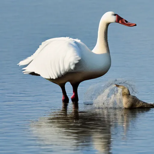 Image similar to dramatic shot of a white goose attacking a plastic goose