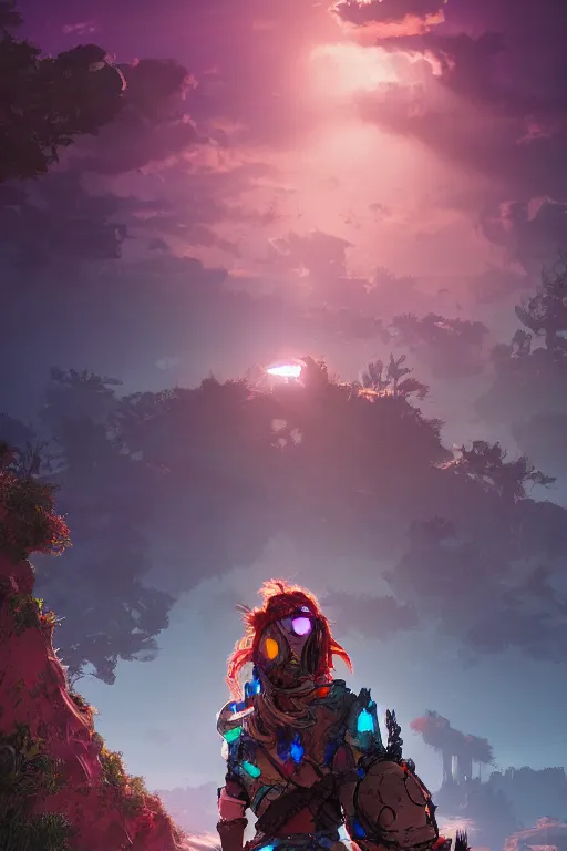 Image similar to combination suit armor aloy horizon forbidden west horizon zero dawn radiating a glowing aura global illumination ray tracing hdr fanart arstation by ian pesty and alena aenami artworks in 4 k tribal robot ninja mask helmet backpack