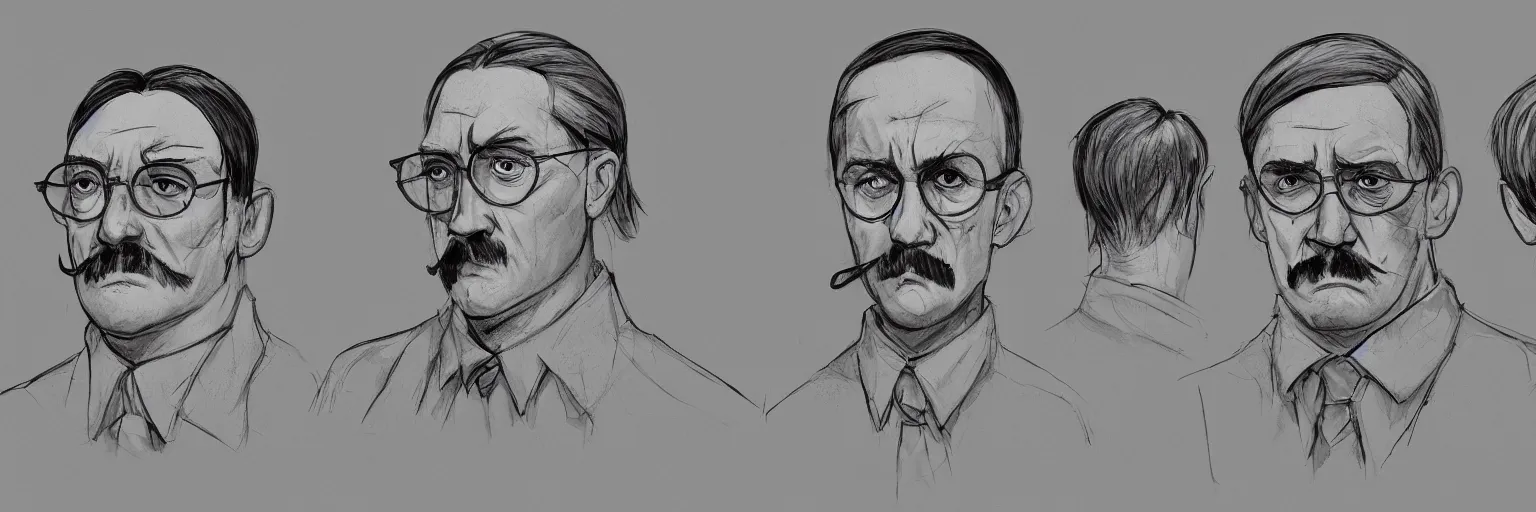 Prompt: character study of mike patton and adolf hitler dressed as a homeless, clear, evil, glasses, character sheet, fine details, concept design, contrast, kim jung gi, da vinci and pixar, trending on artstation, 8 k, full body and head, turnaround, front view, back view, ultra wide angle