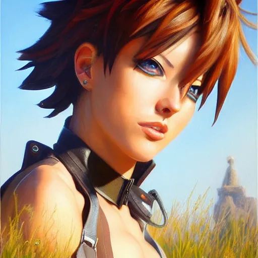 Image similar to oil painting of tracer overwatch in a field, in style of mark arian, expressive face, very detailed face, wearing leather choker, very detailed eyes, full body, feminine face, detailed makeup on eyes,