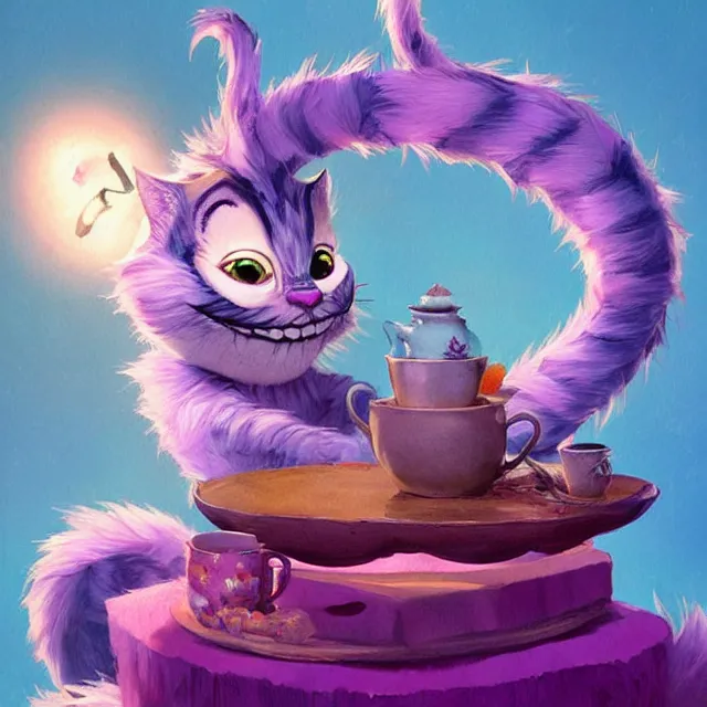 Image similar to cheshire cat drinking tea, by cory loftis, character art, very coherent, exquisite lighting, whimsical background, lighthearted, soft painting, masterpiece