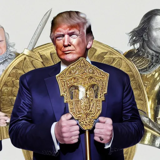 Image similar to donald trump, wearing knights armor, holding a big golden broadsword, by hans holdein, donald trumps handsome face