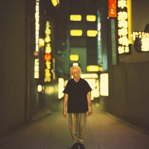 Image similar to landscape, old man in tokyo at night, wearing gold chain, gold rings, cinestill 8 0 0,