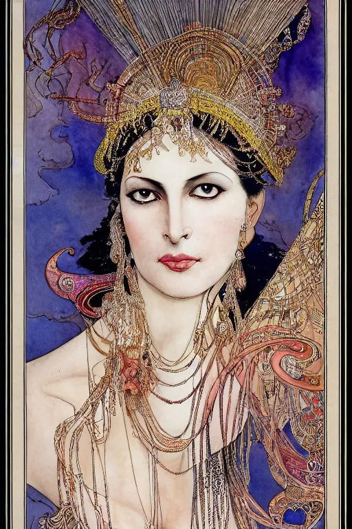 Image similar to detailed portrait of mata hari closeup face surrounded by swirling sari fabric frame, art by luis royo and walter crane and kay nielsen, watercolor illustration, sharp focus