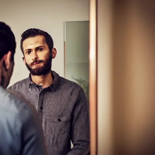 Prompt: man looking in a mirror