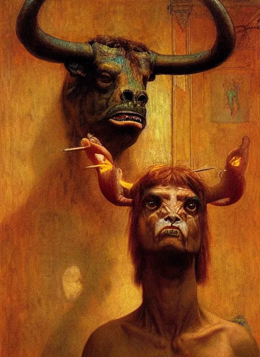 Prompt: upper body portrait of a minotaur in a pub, by lawrence alma-tadema and zdzislaw beksinski and norman rockwell and jack kirby, artstation creature art