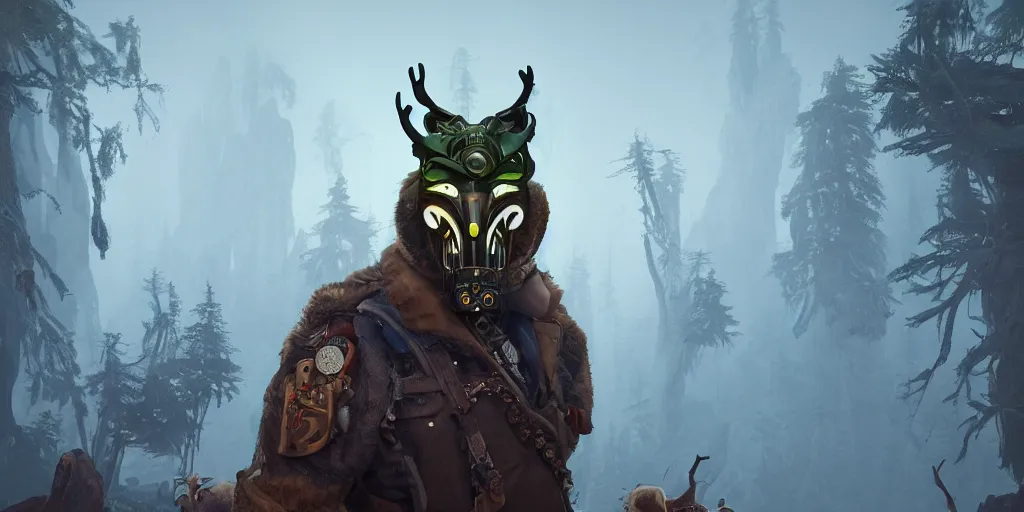 Image similar to woodsman wearing a steampunk and neonpunk mechanical fluorescent mystical animal mask in strange misty mountain landscape. fight with night monsters, night, realism in style of fornite game, 4 k, octane render, artwork by tooth wu and wlop and beeple and greg rutkowski, ambient occlusion, award winning photograph, epic cinematic shot