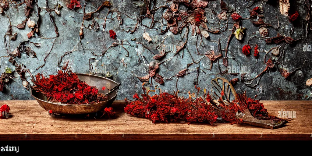 Prompt: side view, decaying rotting red fruits, moldy, on an antique distressed table top, dried flowers, metal kitchen utensils, old kitchen backdrop, dark kitchen, style by peter lippmann, intricate detail,