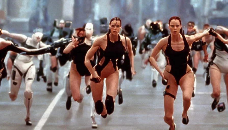 Image similar to The matrix, LeeLoo, Starship Troopers, Clarice Starling, Sprinters in a race with a clear winner, The Olympics footage, intense moment, cinematic stillframe, shot by Roger Deakins, The fifth element, vintage robotics, formula 1, starring Geena Davis, sports photography, clean lighting