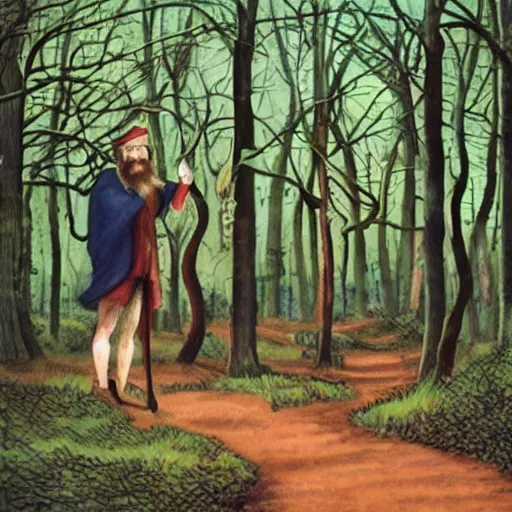 Prompt: Nostradamus lost in the woods.