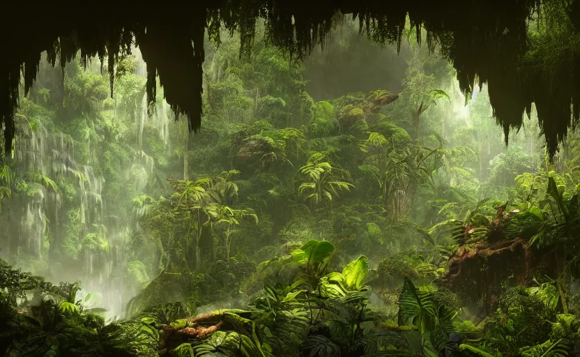 Image similar to a beautiful render of a dark prehistoric rainforest in a humongous cave, lush flora, patches of sky, magenta, green, sunset, floating mountains and a waterfall in the background, intricate detail, hazy, humid, volumetric lighting, 8 k, photorealistic, raytracing effects, unreal engine 5